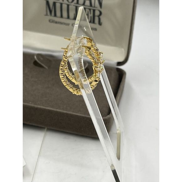 NOLAN MILLER Signed Flower Crystal Clear Bling CZ Gold tone Hoop Earrings New - Picture 5 of 12